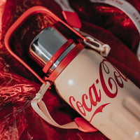 Coca-Cola-Termo Clásico Oficial Original de Acero Inoxidable 316 Grado alimenticio Fría/caliente hermética Tapa dual Filtro incorporado Portátil/Asa/correa/Boca Ancha antideslizante 800ml Blanco/Rojo