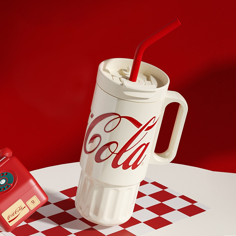 Coca-Cola-Termo Clásico Oficial Original de Acero Inoxidable 316 Grado alimenticio Fría/caliente hermética Portátil/Asa/Pajita/Boca Ancha antideslizante1200ml Blanco（188）