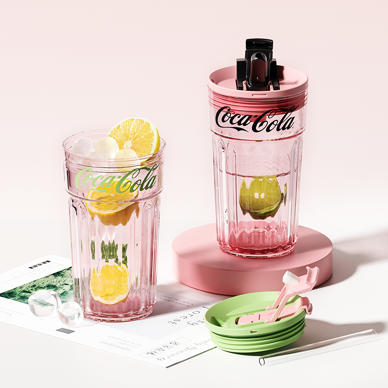 Coca-Cola Oficial Original-Vaso Tritan-Plástico Alimenticio  Resistente a impactos resistente a químicos portátil  pajita Diseño de tapa de tirador desmontable hermético antideslizante 450ml Rosa