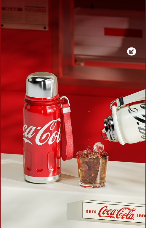 Coca-Cola-Termo Clásico Oficial Original de Acero Inoxidable 316 Grado alimenticio  Fría/caliente hermética Tapa dual Filtro incorporado Portátil/Asa/correa/Boca Ancha antideslizante 580ml Blanco/Rojo