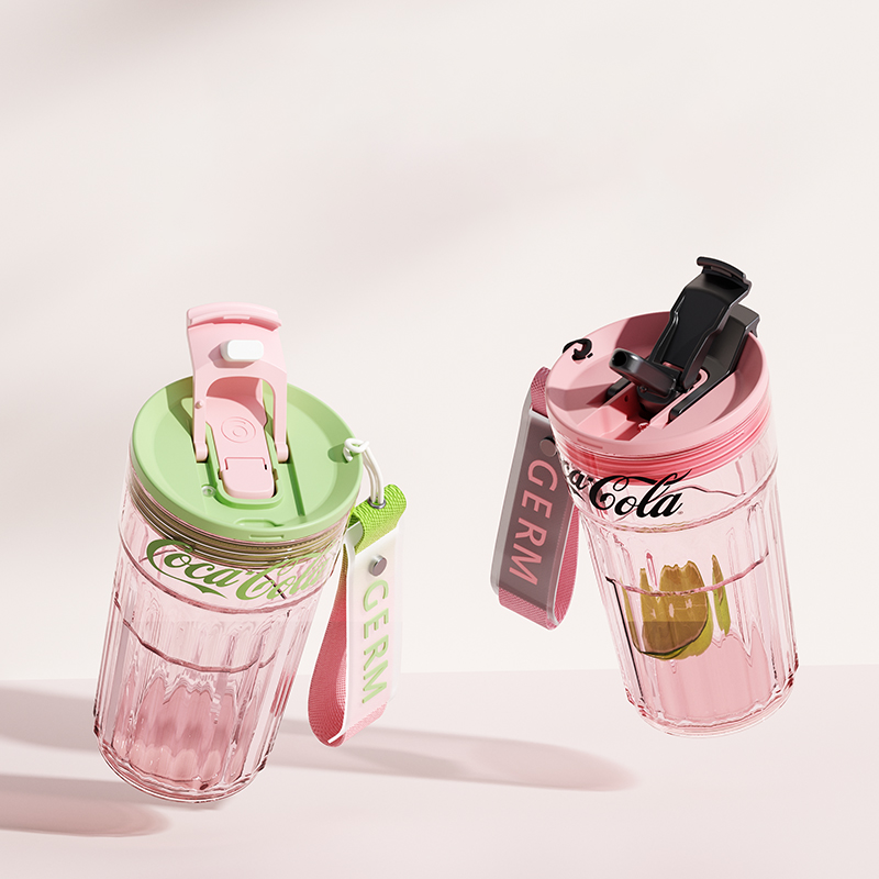 Coca-Cola Oficial Original-Vaso Tritan-Plástico Alimenticio  Resistente a impactos resistente a químicos portátil  pajita Diseño de tapa de tirador desmontable hermético antideslizante 450ml Rosa