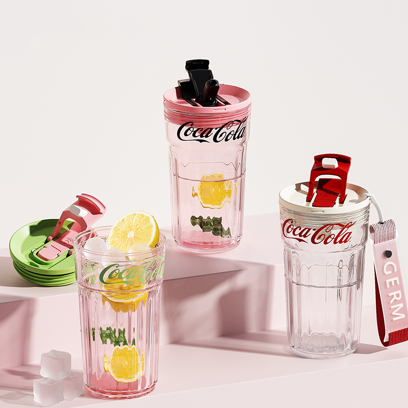 Coca-Cola Oficial Original-Vaso Tritan-Plástico Alimenticio  Resistente a impactos resistente a químicos portátil  pajita Diseño de tapa de tirador desmontable hermético antideslizante 450ml Rosa