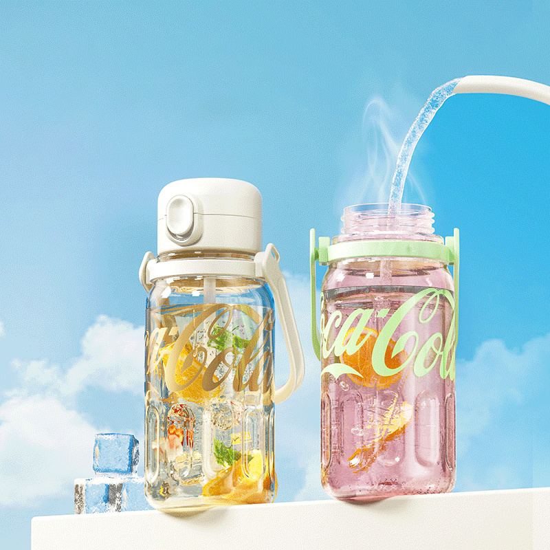 Coca-Cola Oficial Original-Vaso Tritan-Plástico Alimenticio Resistente a impactos resistente a químicos portátil Asa/pajita Apertura y cierre con un solo dedo hermético antideslizante 1250ml Negro/Blanco