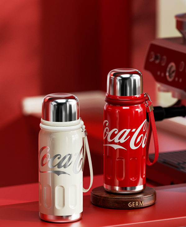 Coca-Cola-Termo Clásico Oficial Original de Acero Inoxidable 316 Grado alimenticio  Fría/caliente hermética Tapa dual Filtro incorporado Portátil/Asa/correa/Boca Ancha antideslizante 580ml Blanco/Rojo