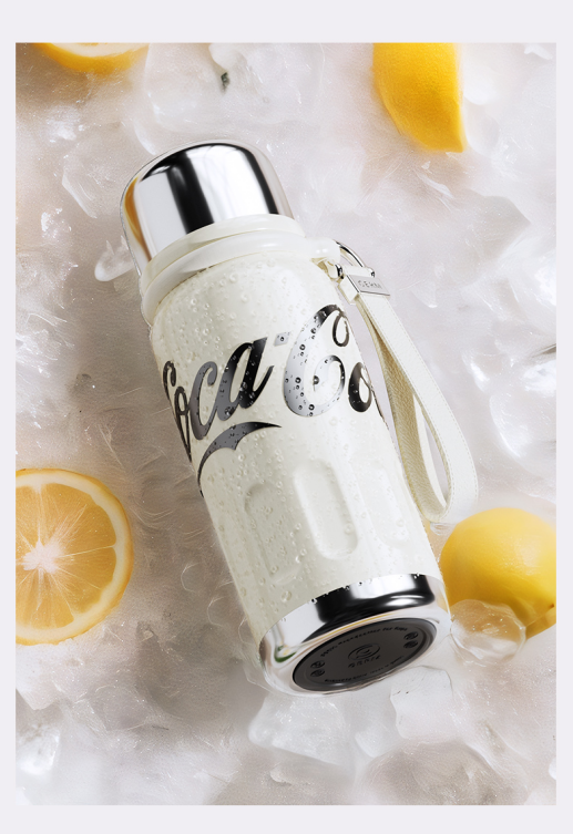 Coca-Cola-Termo Clásico Oficial Original de Acero Inoxidable 316 Grado alimenticio  Fría/caliente hermética Tapa dual Filtro incorporado Portátil/Asa/correa/Boca Ancha antideslizante 580ml Blanco/Rojo