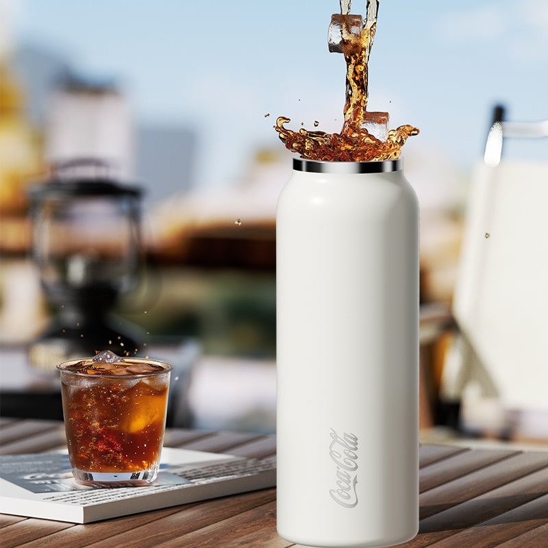 Coca-Cola-Termo Estilo Deportivo Oficial Original de Acero Inoxidable 316 Grado alimenticio Fría/caliente hermética Portátil Apertura y cierre con un solo dedo Doble función de tapa Pajita antideslizante 600ml Blanco/Negro/Rosa＞200