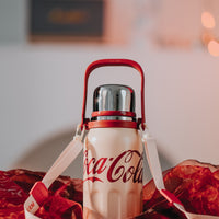 Coca-Cola-Termo Clásico Oficial Original de Acero Inoxidable 316 Grado alimenticio Fría/caliente hermética Tapa dual Filtro incorporado Portátil/Asa/correa/Boca Ancha antideslizante 800ml Blanco/Rojo