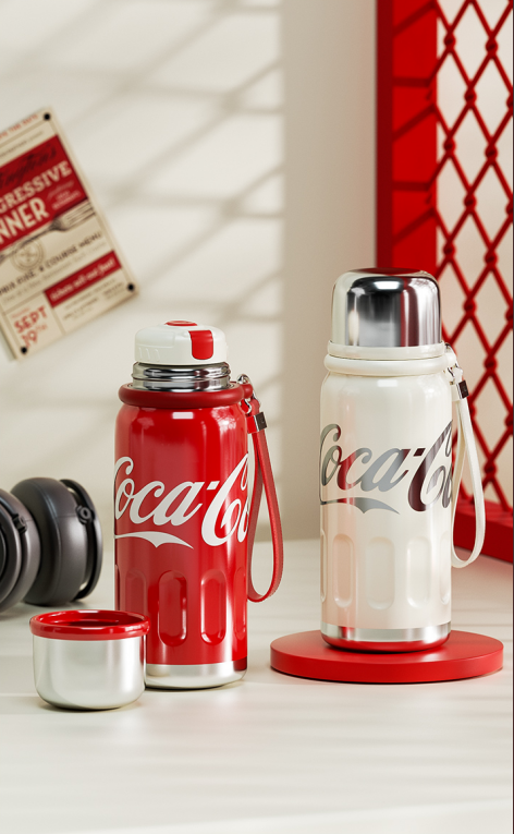 Coca-Cola-Termo Clásico Oficial Original de Acero Inoxidable 316 Grado alimenticio  Fría/caliente hermética Tapa dual Filtro incorporado Portátil/Asa/correa/Boca Ancha antideslizante 580ml Blanco/Rojo